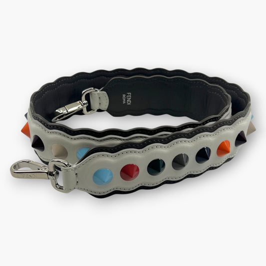 FENDI Strap You Shoulder Strap White Leather Multi-Color Studs