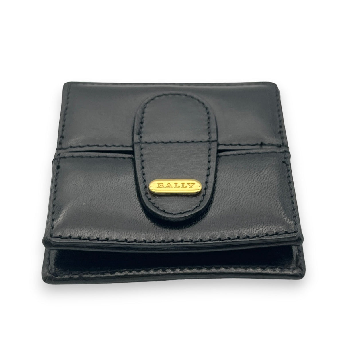 Bally Logo Plated Leather Coin Purse Wallet Black Compact