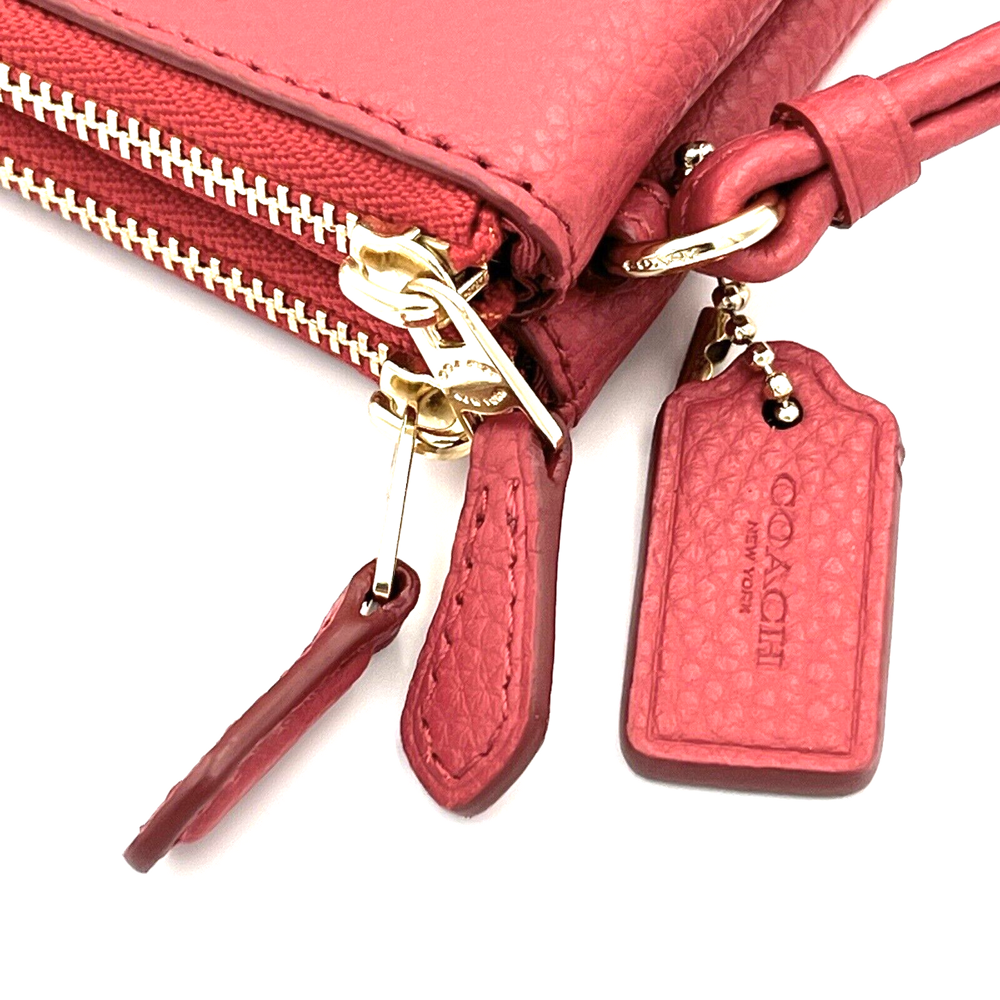 Coach Leather Double Corner Zip Wristlet Pouch in Red with Charm