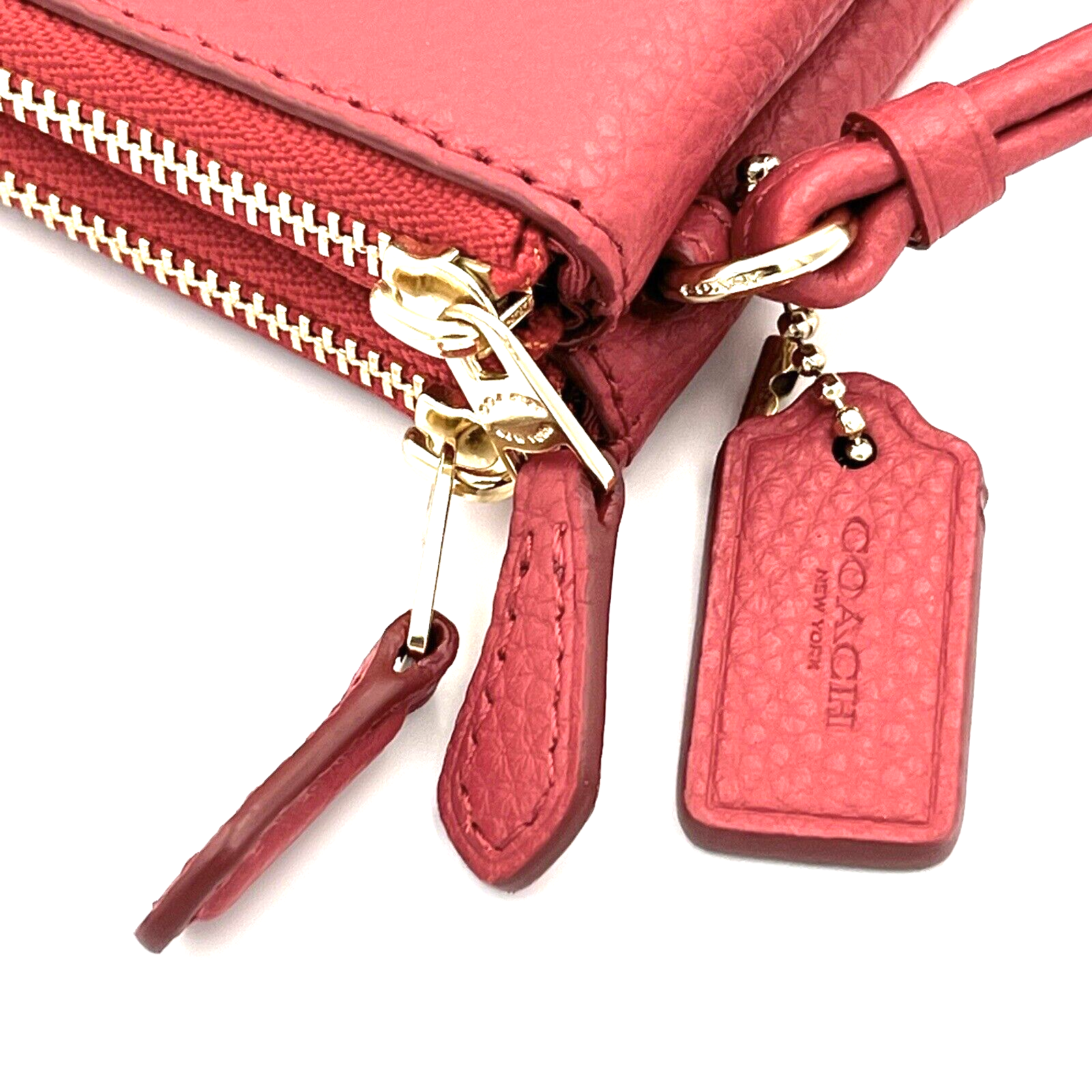 Coach Leather Double Corner Zip Wristlet Pouch in Red with Charm