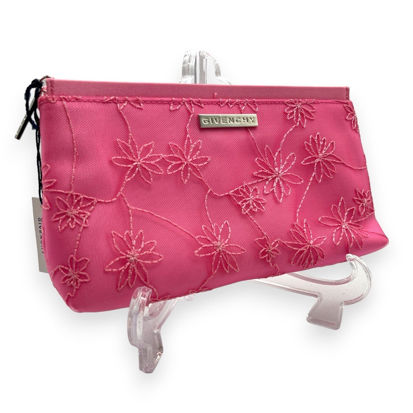 Givenchy Cosmetic Pouch Pink Floral Pattern Silver Logo Zipper