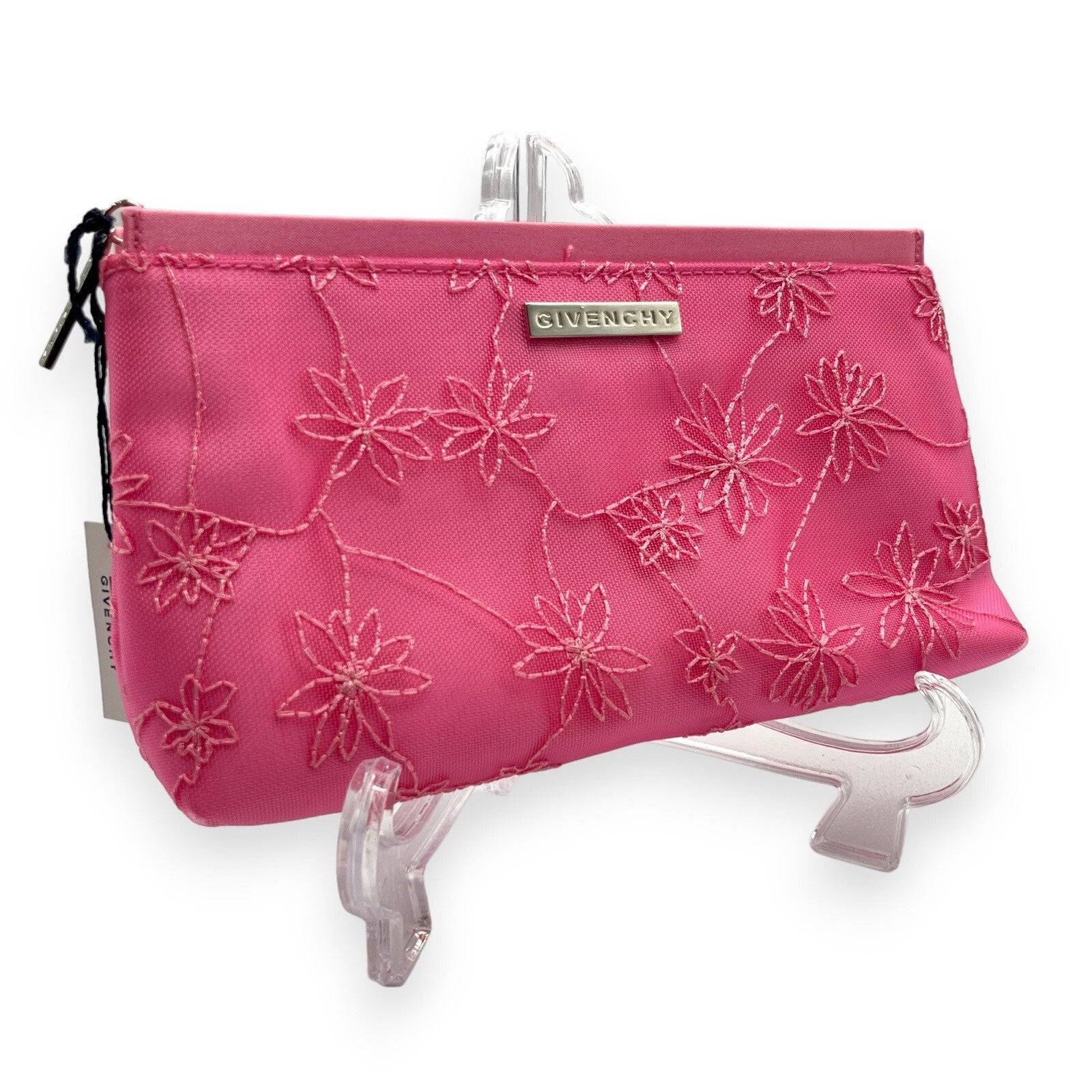 Givenchy Cosmetic Pouch Pink Floral Pattern Silver Logo Zipper
