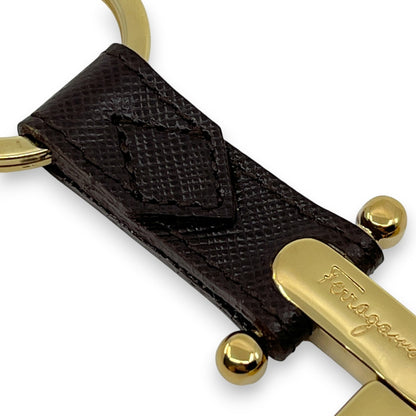 Salvatore Ferragamo Gold-Tone Gancini Key Ring Charm Dark Brown Leather w/ Box