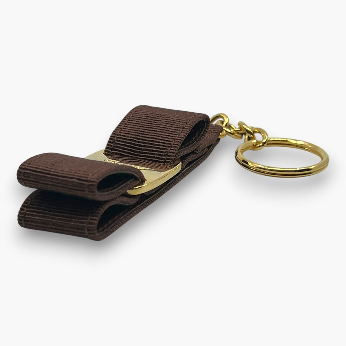 Ferragamo Vara Ribbon Keychain Key Ring Brown Gold 22-3055 W/ Box Card