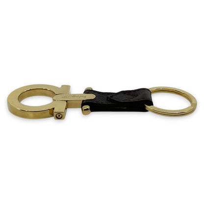 Salvatore Ferragamo Gold-Tone Gancini Key Ring Charm Dark Brown Leather w/ Box