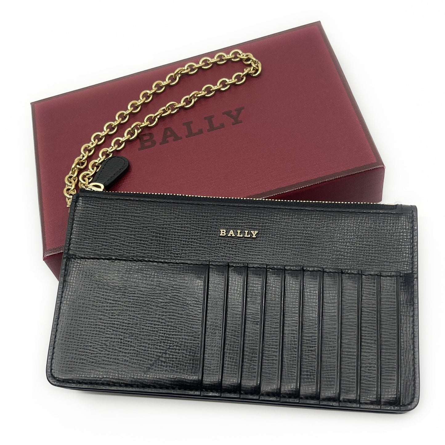 Bally Mandy Leather Chain Card Wallet Black with Box and Dust Cloth