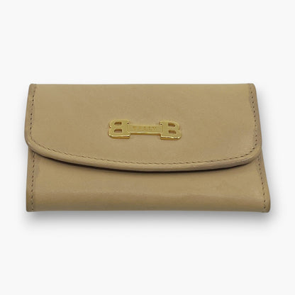 BALLY Leather Key Case 6 Hooks Beige Gold Tone Logo Made in Italy