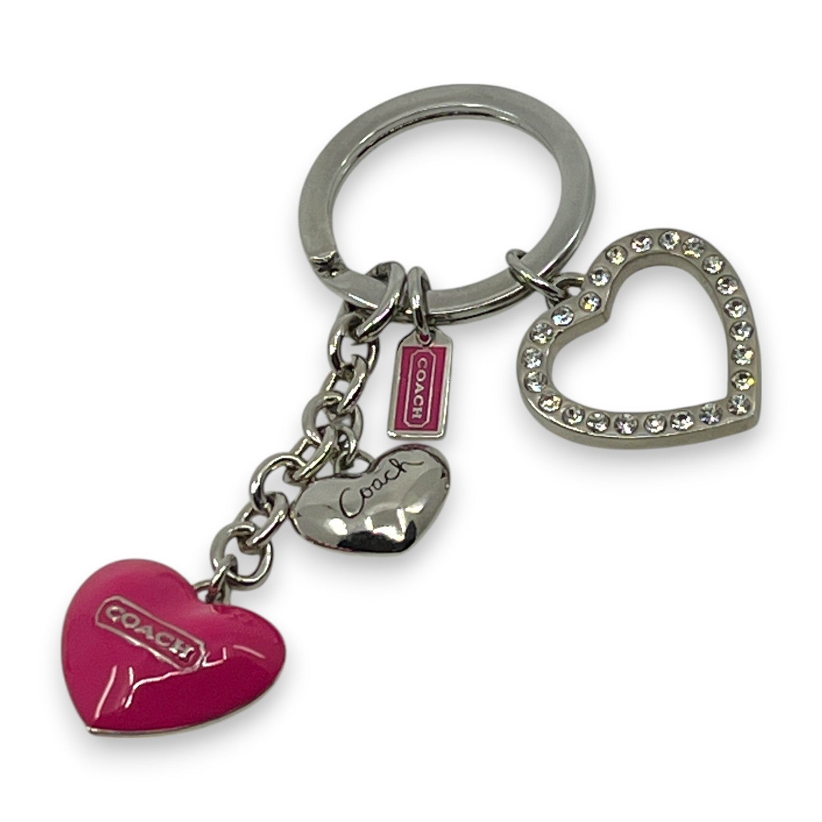 Coach Heart Charm Keychain Pink Silver-Tone with Rhinestone Detail