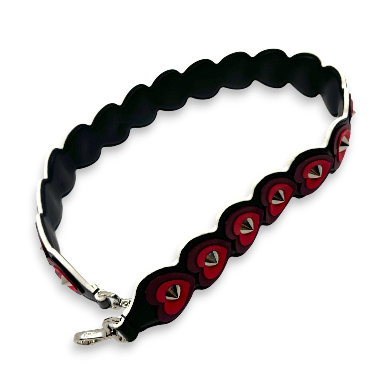 Fendi Strap You Black Leather Bag Strap with Red Heart Studs
