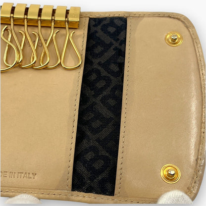 BALLY Leather Key Case 6 Hooks Beige Gold Tone Logo Made in Italy