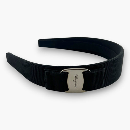 Ferragamo Vara Bow Headband Hair Band Black Silver Hardware Wide