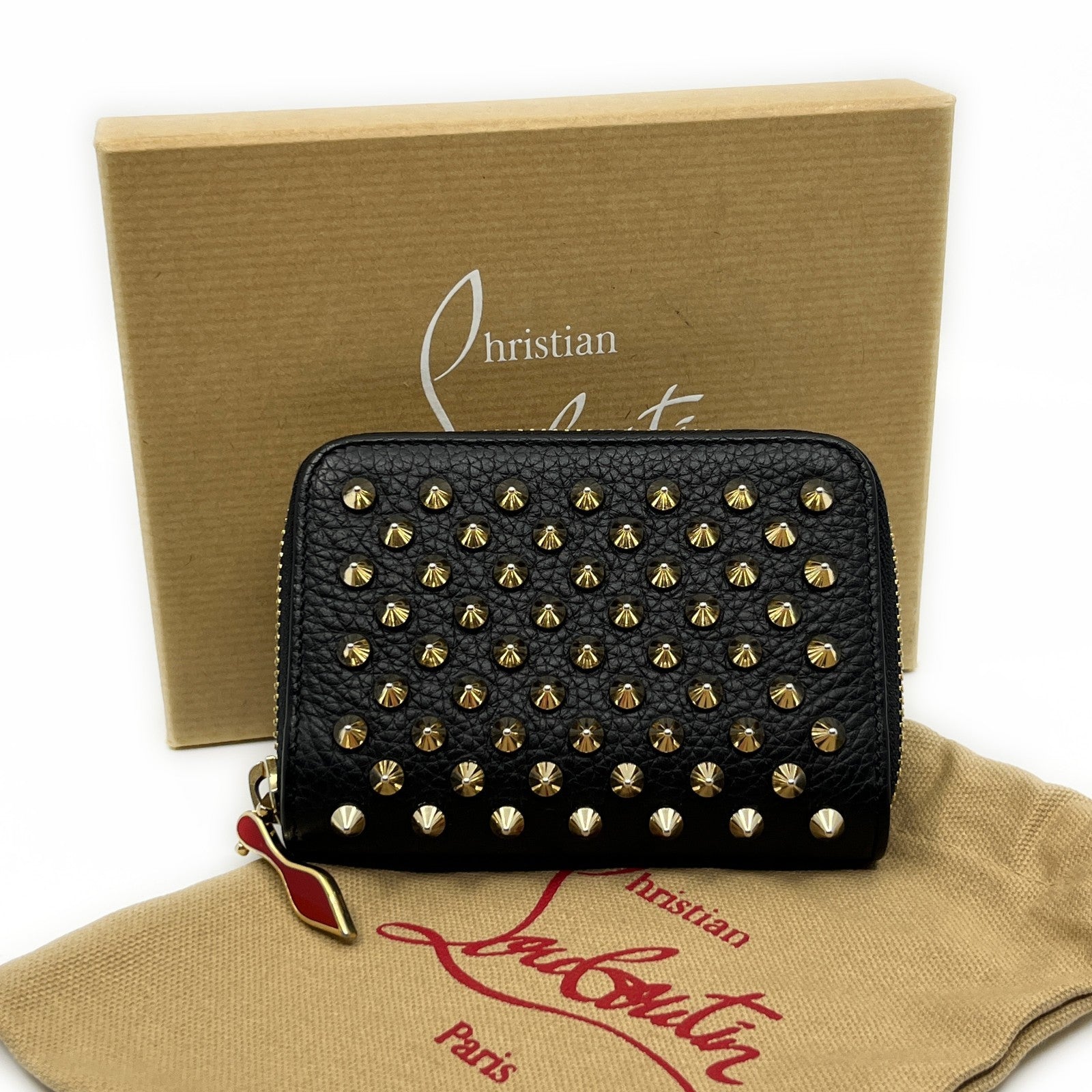 Christian Louboutin Panettone Black Leather Zip Wallet w/ Spikes Box Dust Bag