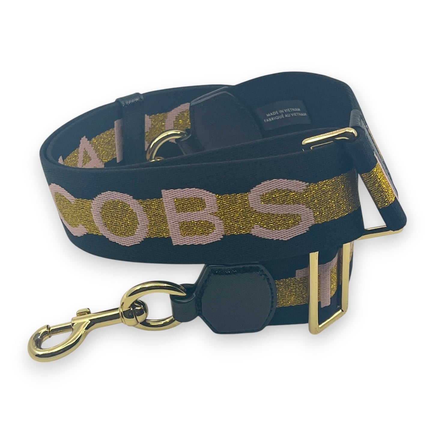 Marc Jacobs Adjustable Webbing Strap Black Gold with Pink Woven Logo