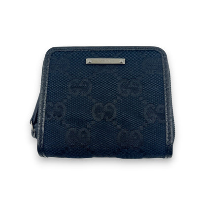 Gucci GG Canvas Coin Purse Black Leather Trim Compact w/ Box