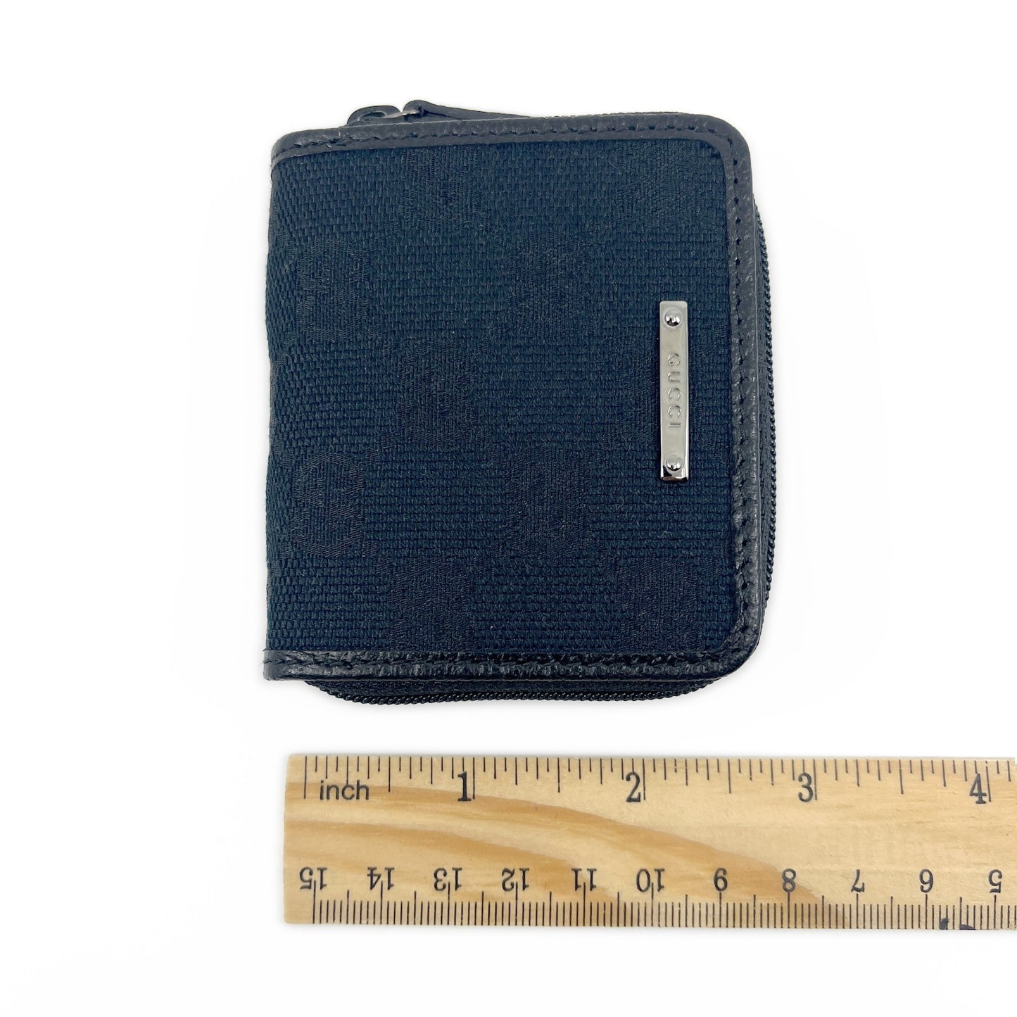 Gucci GG Canvas Coin Purse Black Leather Trim Compact w/ Box