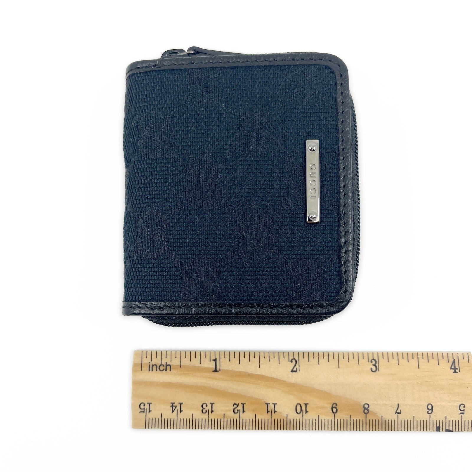 Gucci GG Canvas Coin Purse Black Leather Trim Compact w/ Box