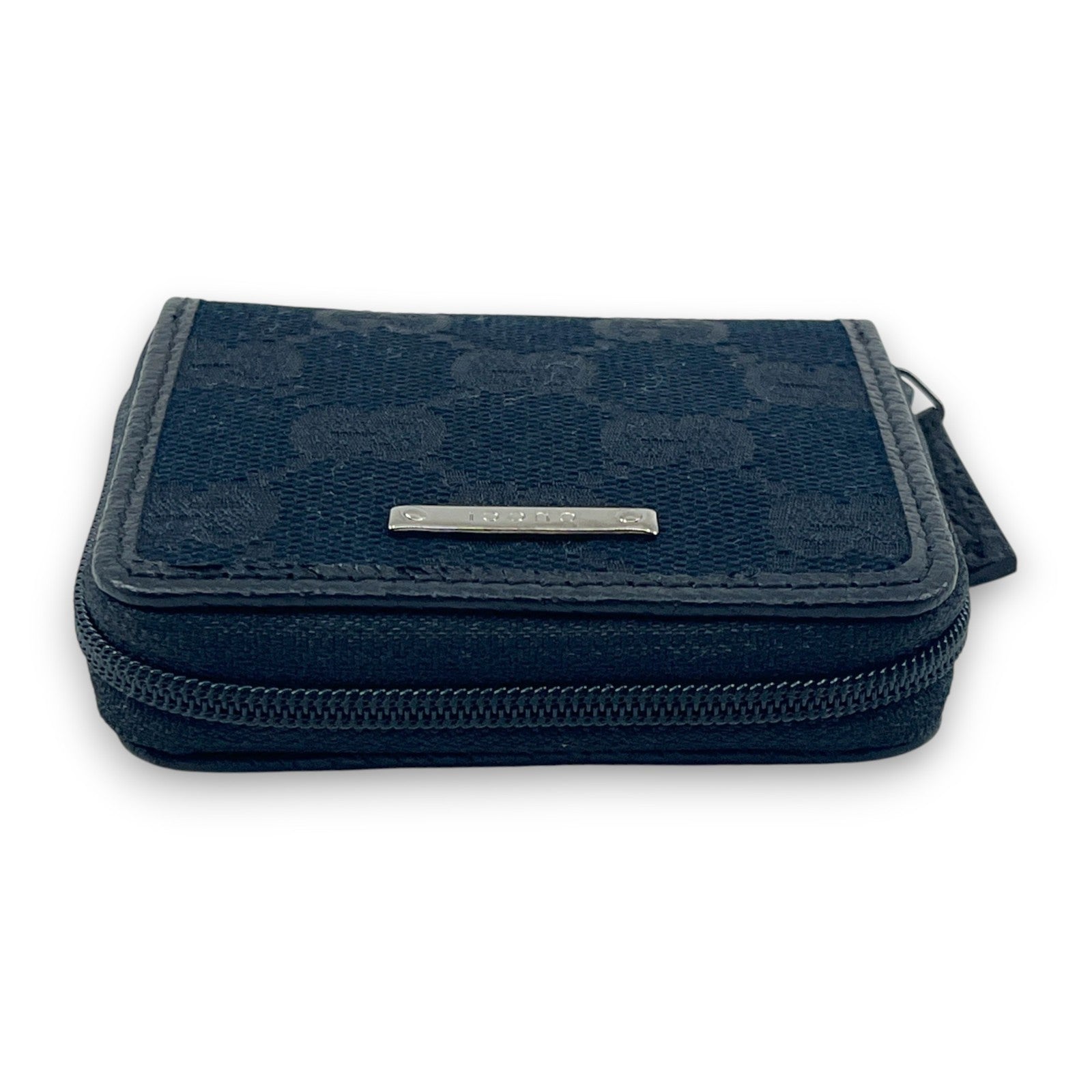 Gucci GG Canvas Coin Purse Black Leather Trim Compact w/ Box