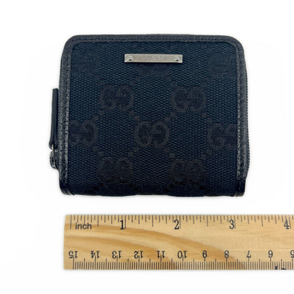 Gucci GG Canvas Coin Purse Black Leather Trim Compact w/ Box