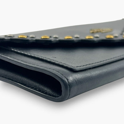 Coach Studded Scallop Flap Long Wallet Snap Closure Black Leather
