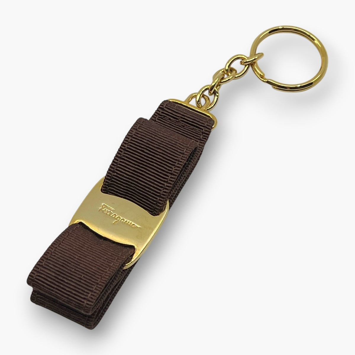 Ferragamo Vara Ribbon Keychain Key Ring Brown Gold 22-3055 W/ Box Card
