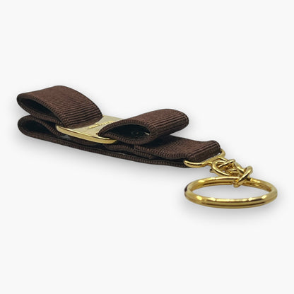 Ferragamo Vara Ribbon Keychain Key Ring Brown Gold 22-3055 W/ Box Card