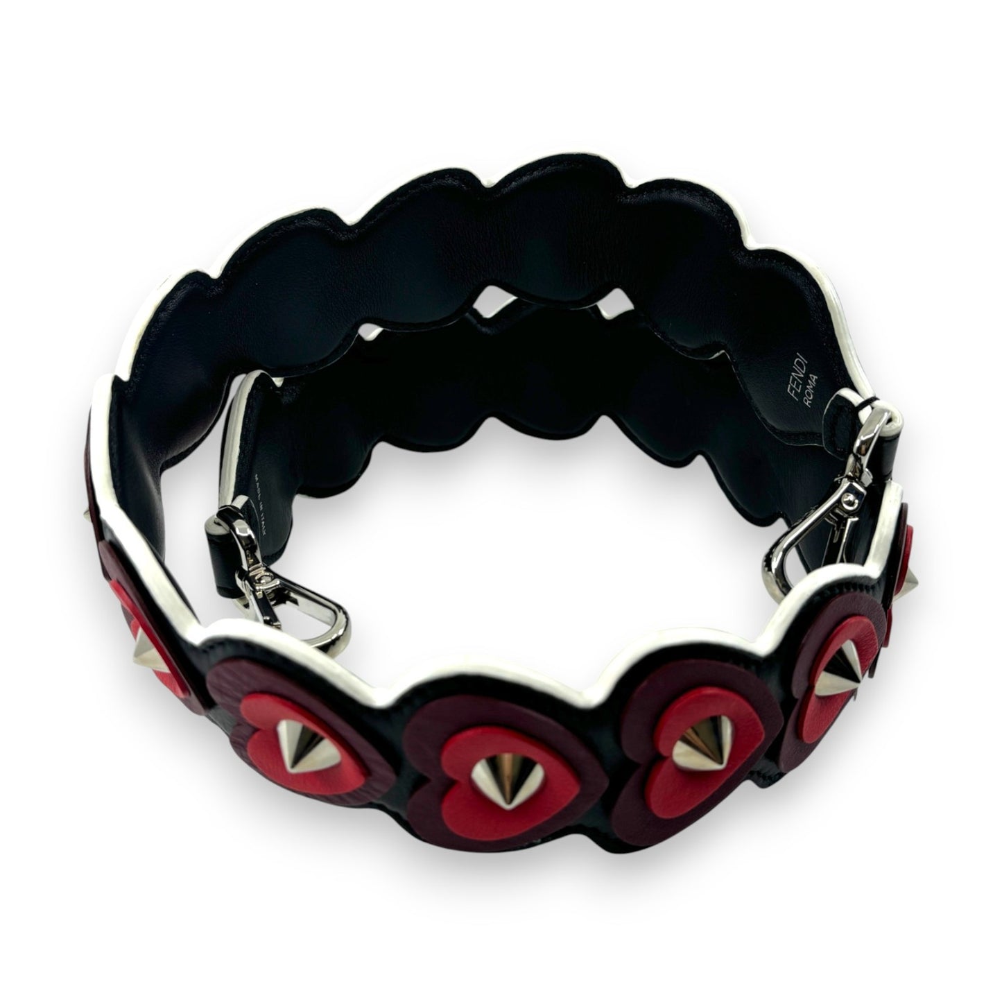 Fendi Strap You Black Leather Bag Strap with Red Heart Studs