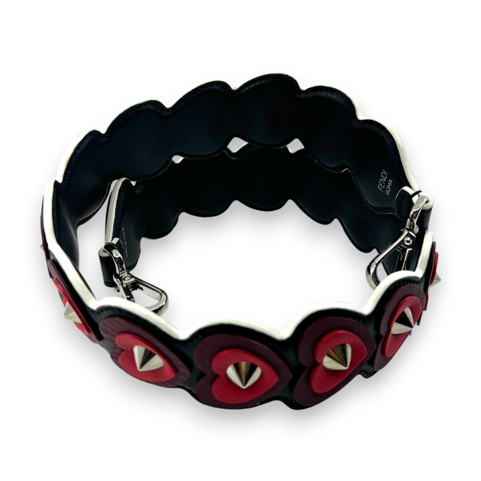 Fendi Strap You Black Leather Bag Strap with Red Heart Studs