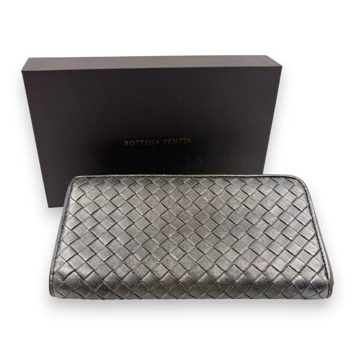 Bottega Veneta Intrecciato Long Wallet Silver Leather w/ Box