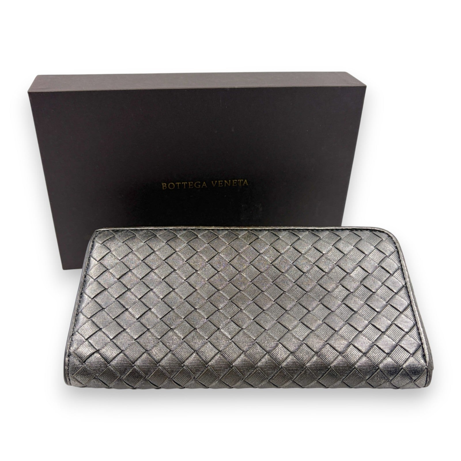 Bottega Veneta Intrecciato Long Wallet Silver Leather w/ Box