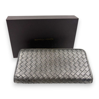 Bottega Veneta Intrecciato Long Wallet Silver Leather w/ Box