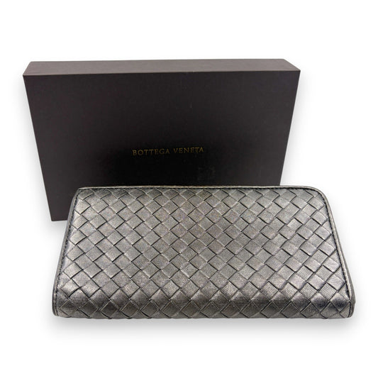 Bottega Veneta Intrecciato Long Wallet Silver Leather w/ Box