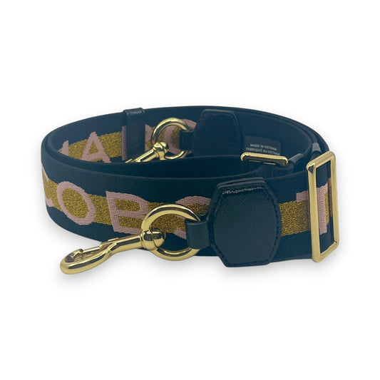 Marc Jacobs Adjustable Webbing Strap Black Gold with Pink Woven Logo