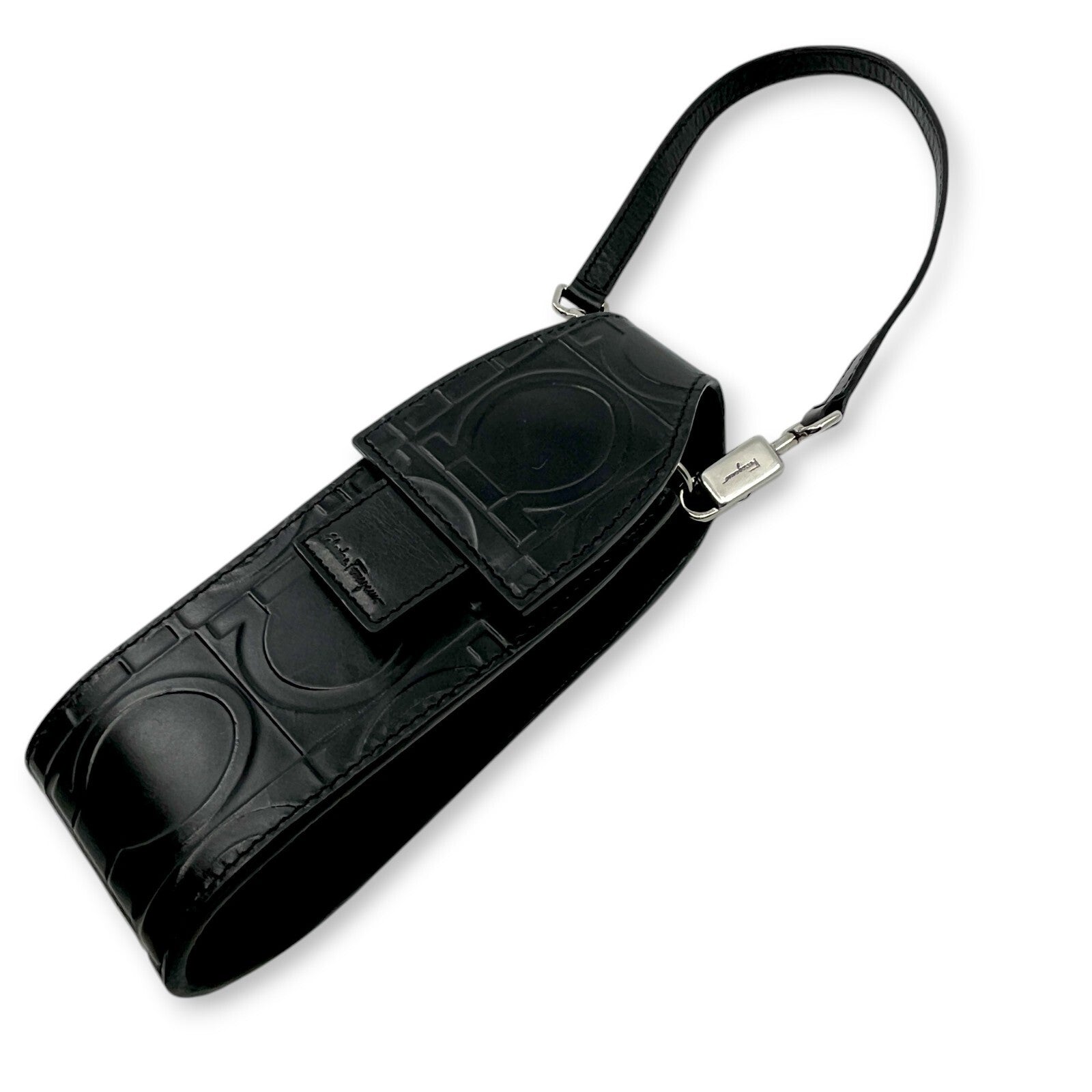 Salvatore Ferragamo Gancini Embossed Leather Mini Pouch Black  w/ Dust Bag