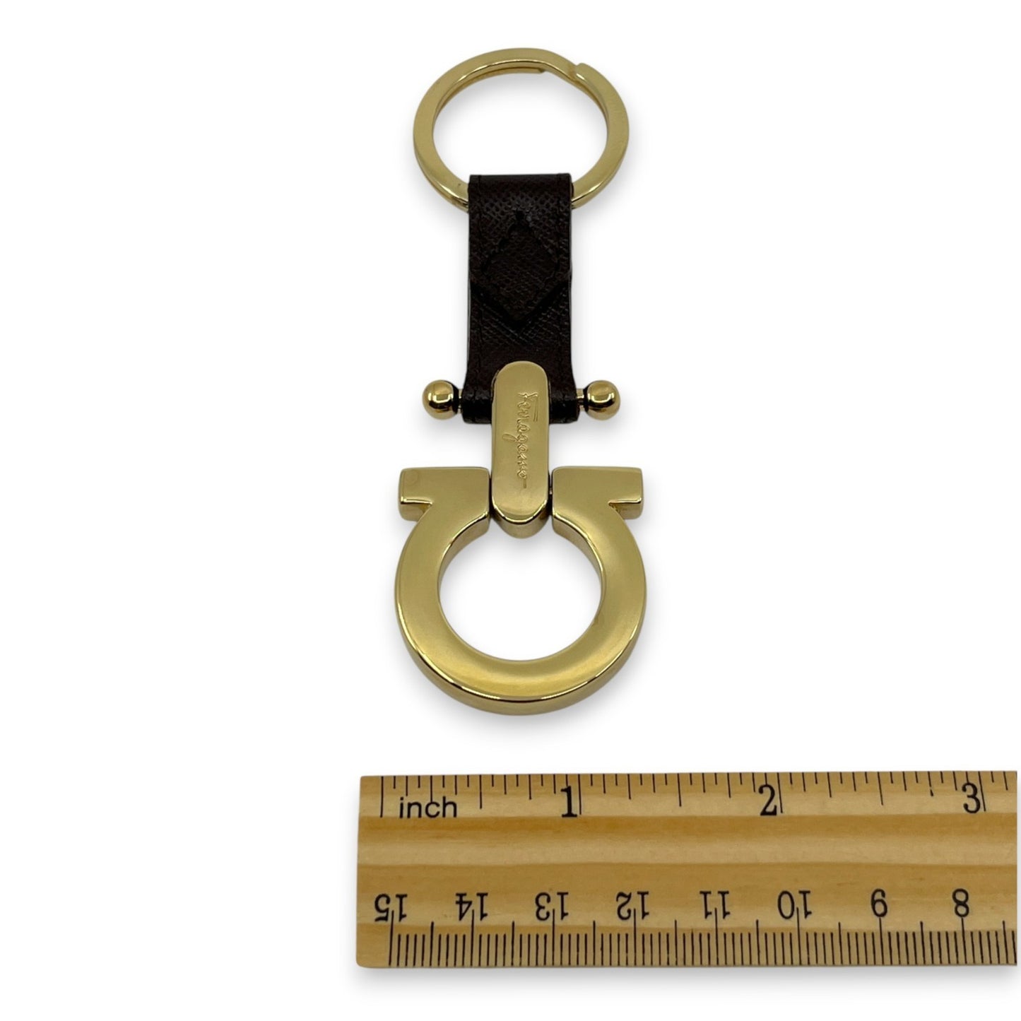 Salvatore Ferragamo Gold-Tone Gancini Key Ring Charm Dark Brown Leather w/ Box