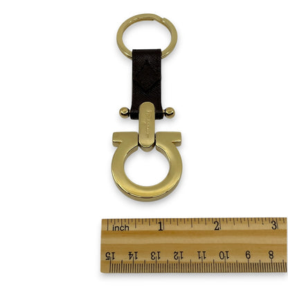Salvatore Ferragamo Gold-Tone Gancini Key Ring Charm Dark Brown Leather w/ Box