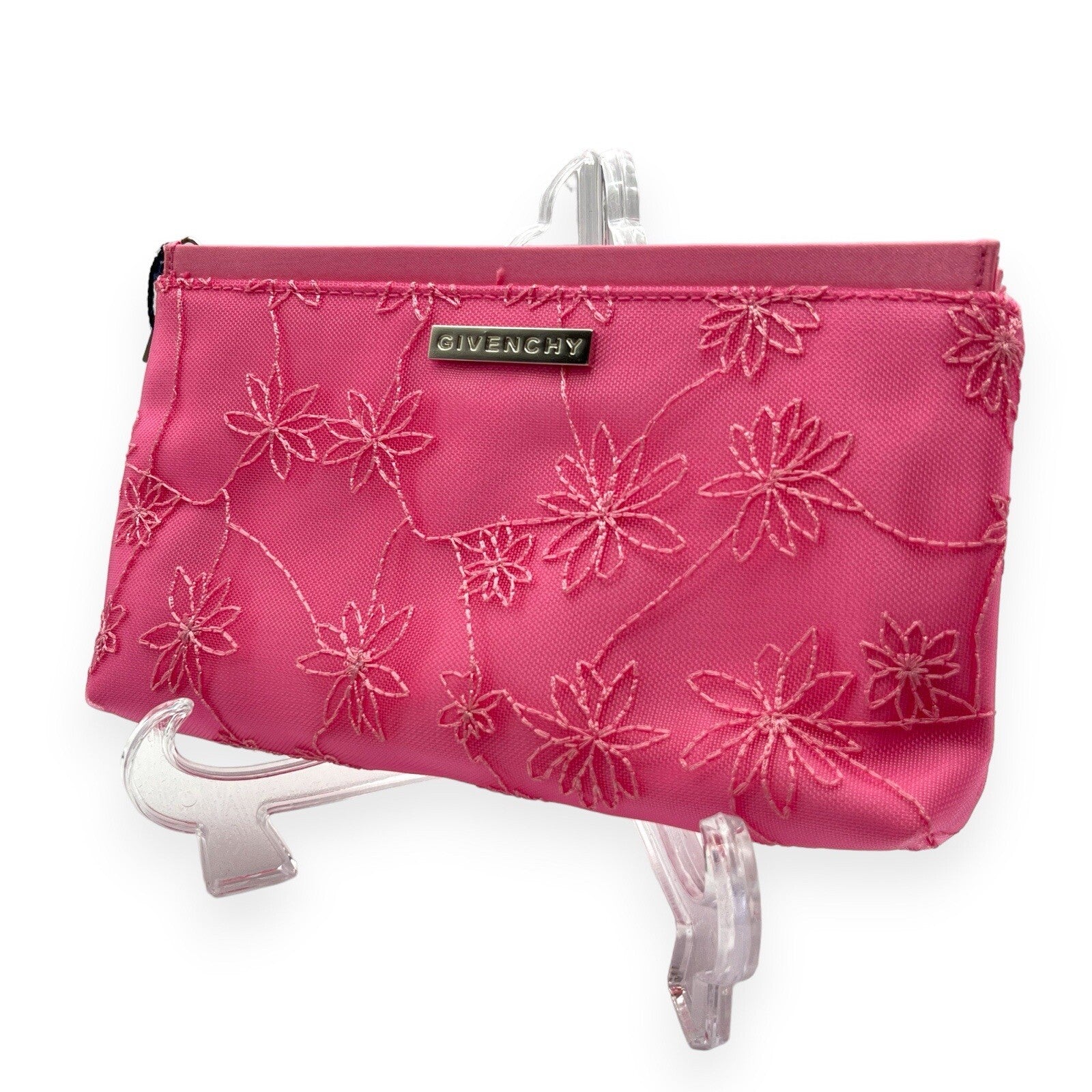 Givenchy Cosmetic Pouch Pink Floral Pattern Silver Logo Zipper