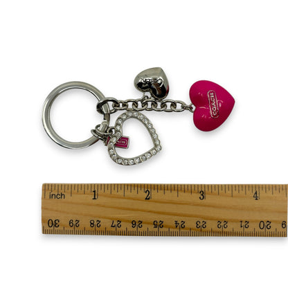 Coach Heart Charm Keychain Pink Silver-Tone with Rhinestone Detail