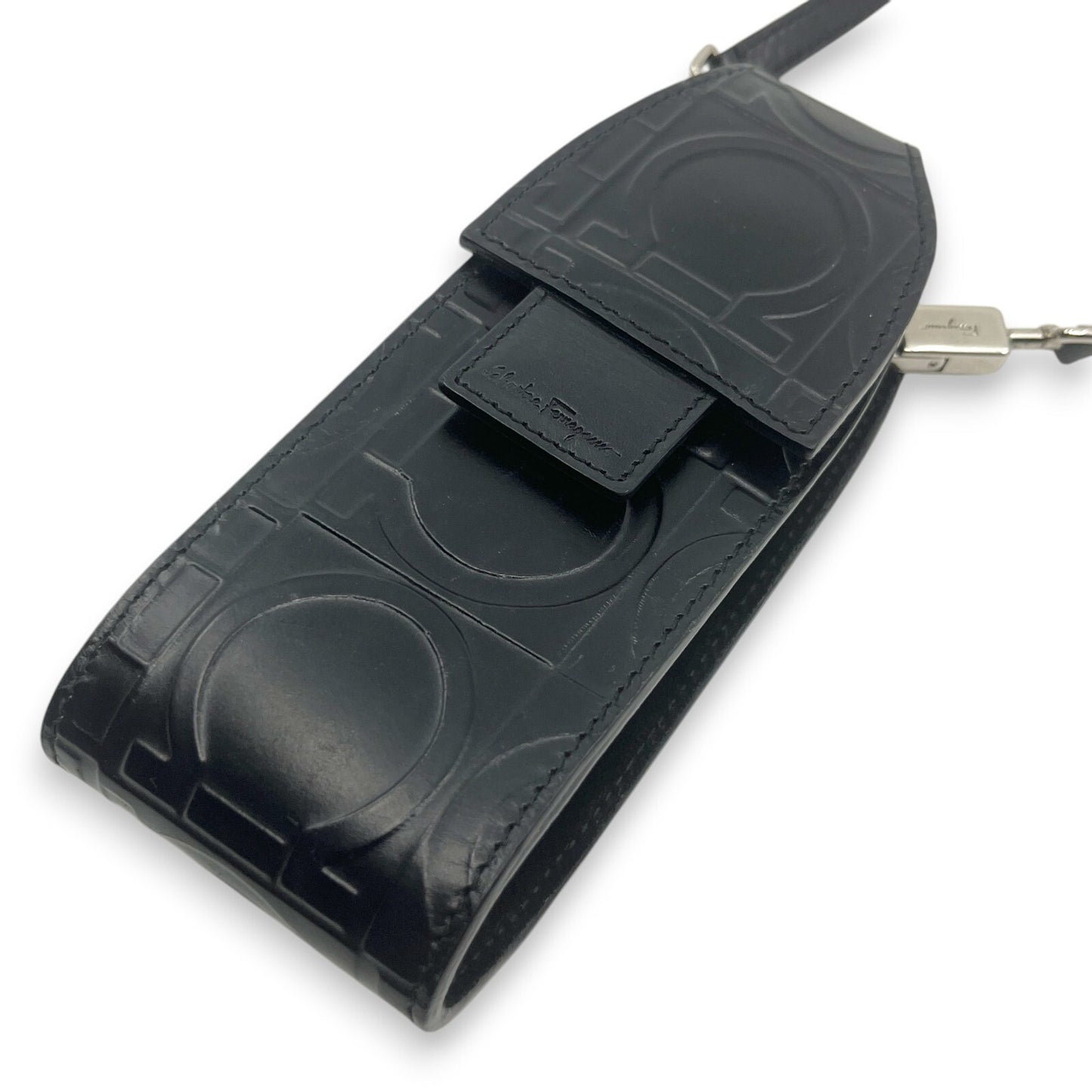 Salvatore Ferragamo Gancini Embossed Leather Mini Pouch Black  w/ Dust Bag