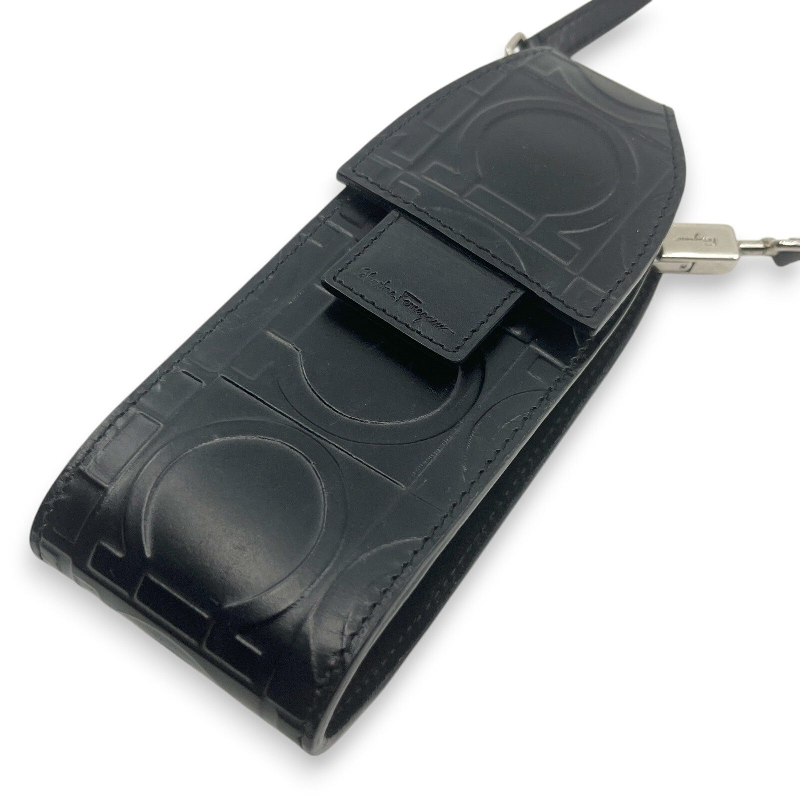 Salvatore Ferragamo Gancini Embossed Leather Mini Pouch Black  w/ Dust Bag