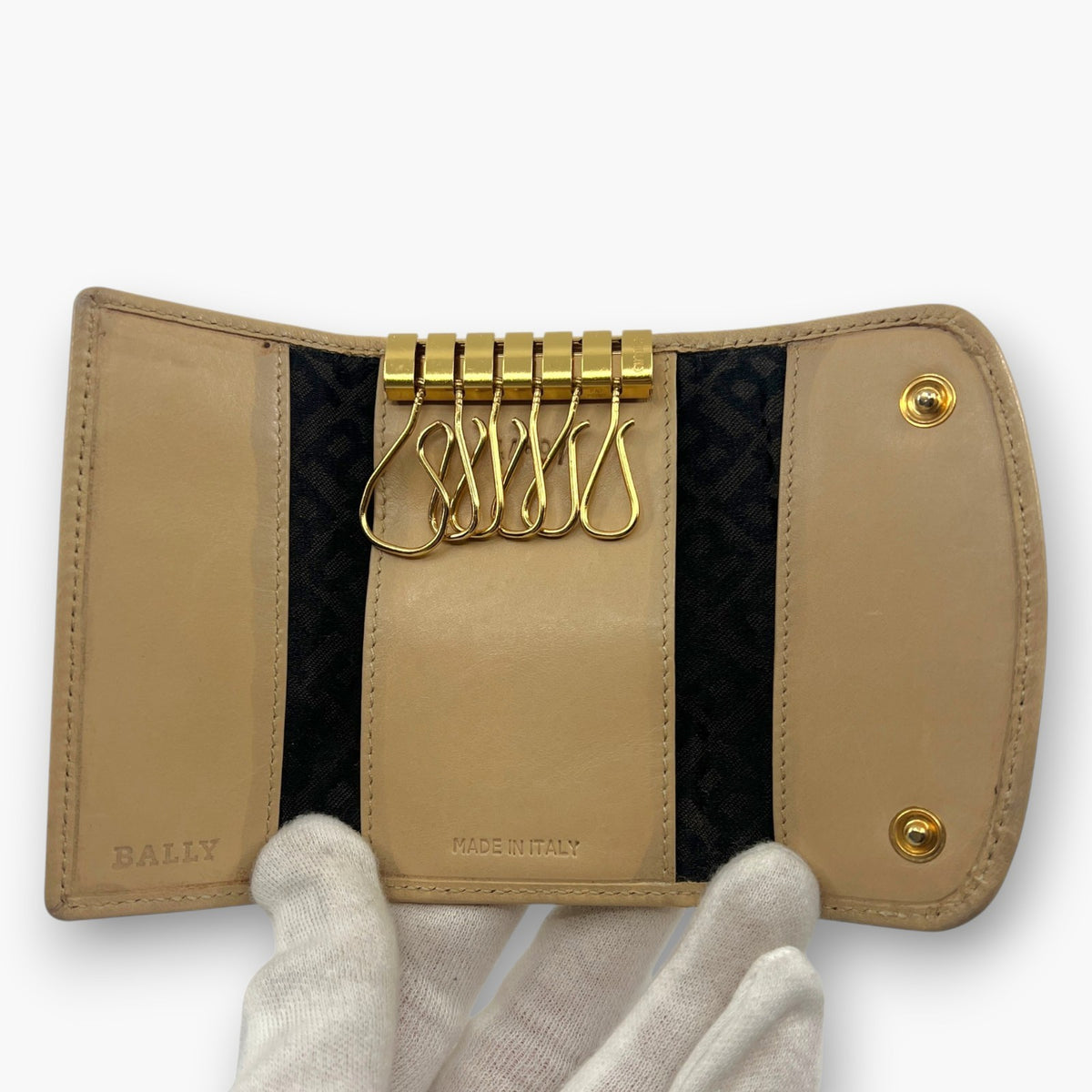 BALLY Leather Key Case 6 Hooks Beige Gold Tone Logo Made in Italy