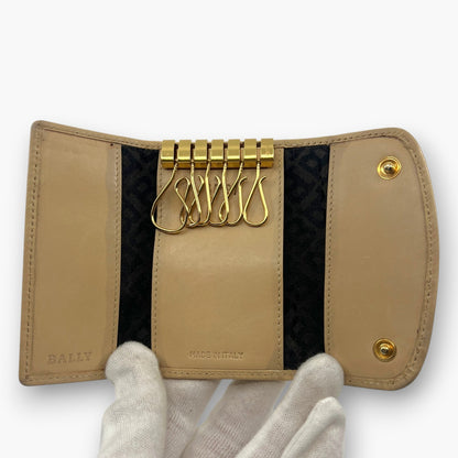 BALLY Leather Key Case 6 Hooks Beige Gold Tone Logo Made in Italy