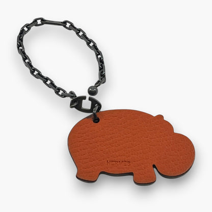 HERMES Hippopotamus Hippo Bag Charm Orange Brown Leather Silver Chain