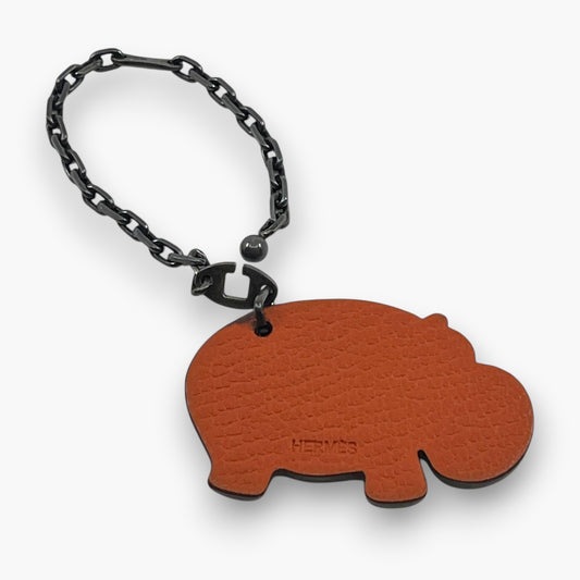 HERMES Hippopotamus Hippo Bag Charm Orange Brown Leather Silver Chain