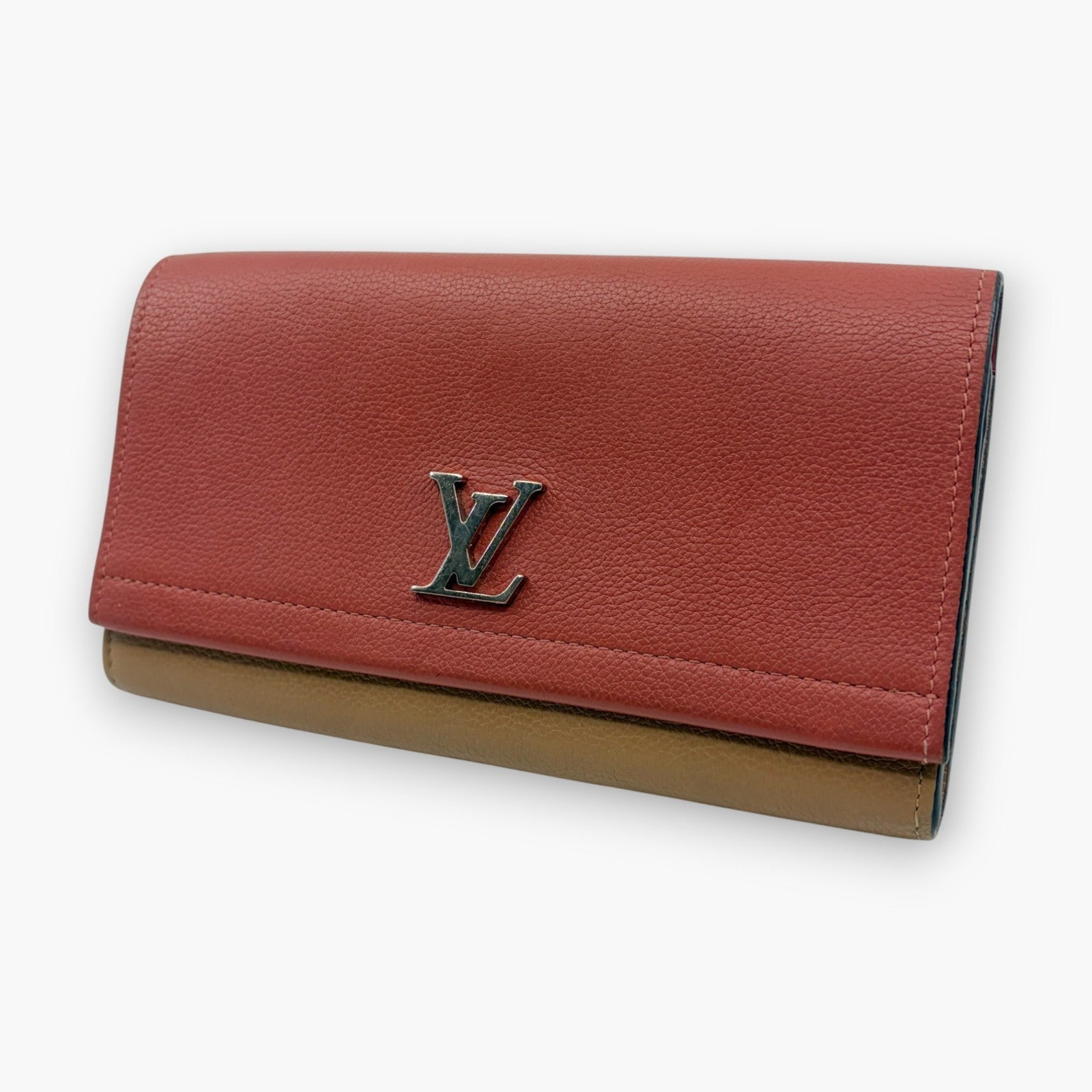 Louis Vuitton Portefeuille Lockme II Long Wallet Pink Beige Leather