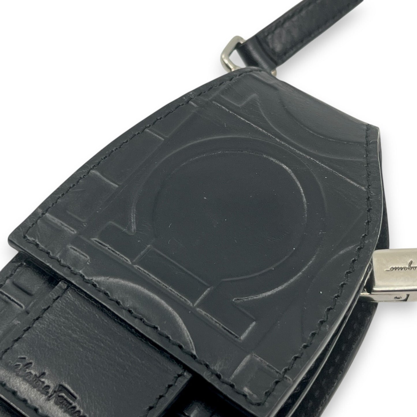 Salvatore Ferragamo Gancini Embossed Leather Mini Pouch Black  w/ Dust Bag