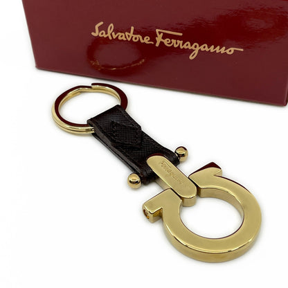 Salvatore Ferragamo Gold-Tone Gancini Key Ring Charm Dark Brown Leather w/ Box