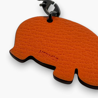 HERMES Hippopotamus Hippo Bag Charm Orange Brown Leather Silver Chain