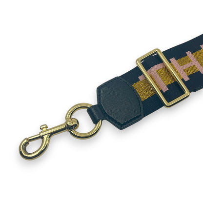 Marc Jacobs Adjustable Webbing Strap Black Gold with Pink Woven Logo