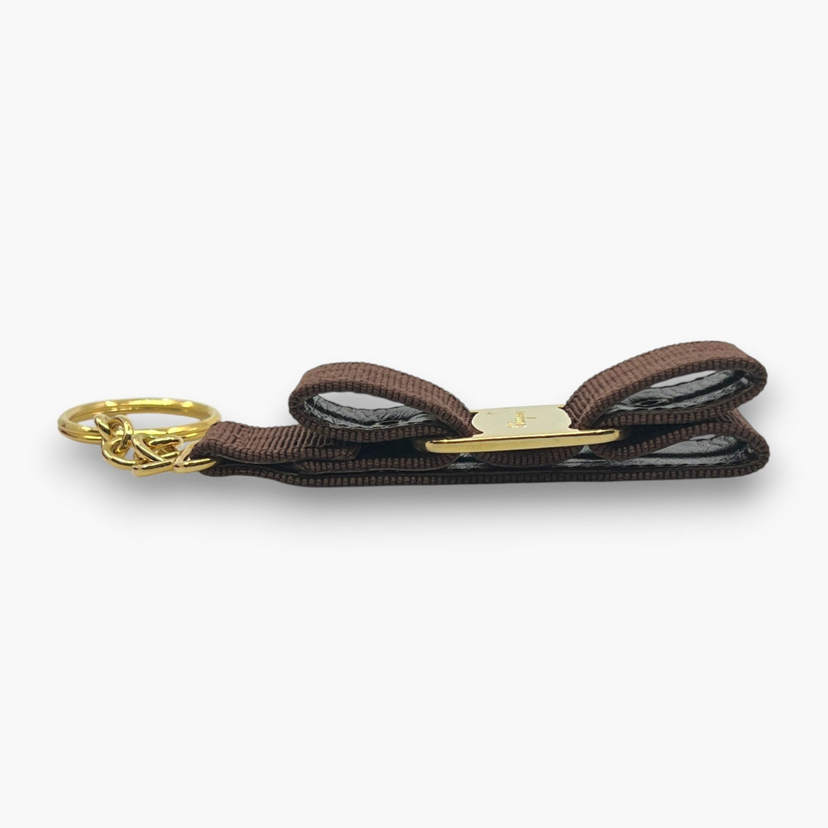 Ferragamo Vara Ribbon Keychain Key Ring Brown Gold 22-3055 W/ Box Card
