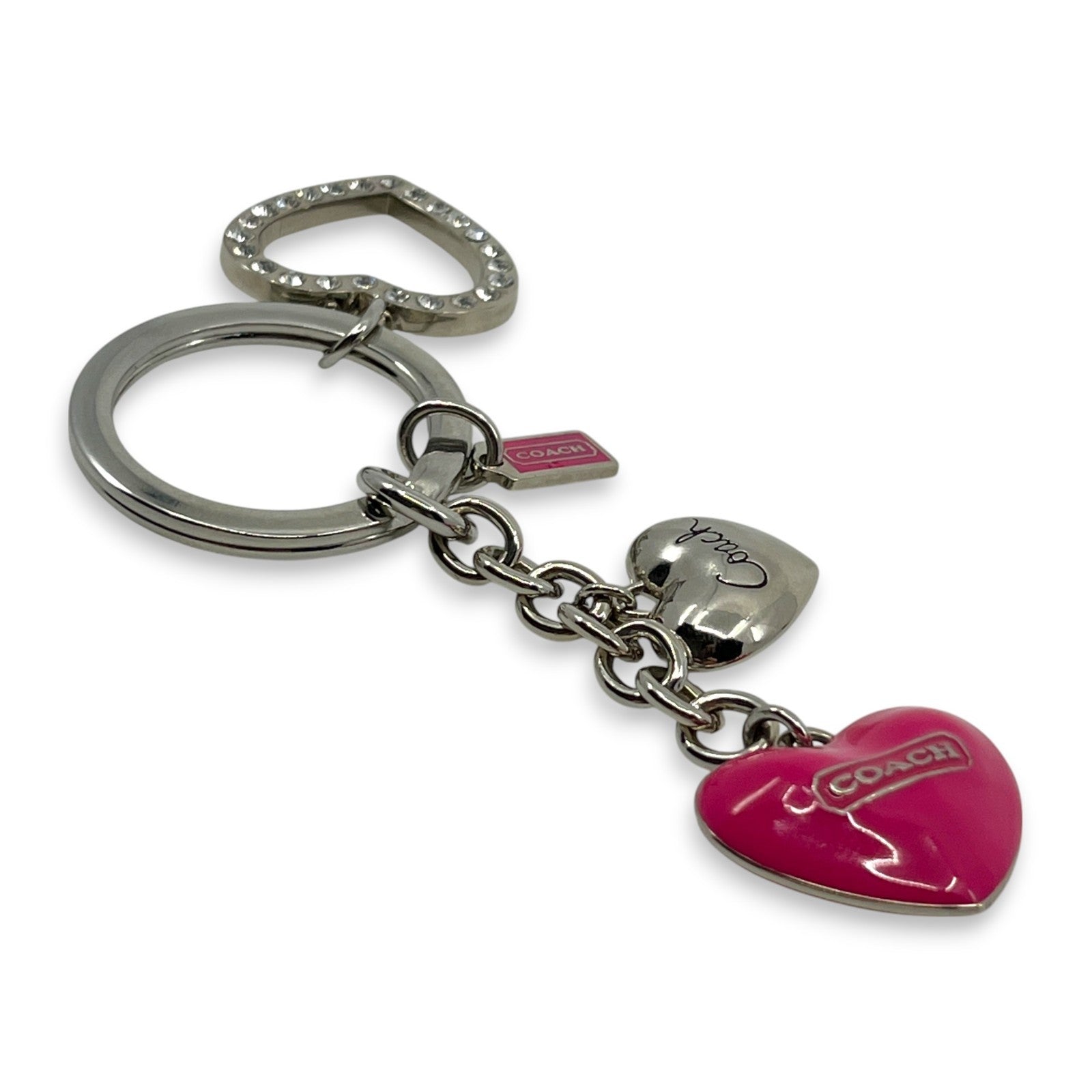 Coach Heart Charm Keychain Pink Silver-Tone with Rhinestone Detail